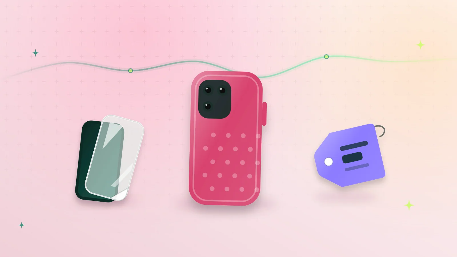Illustration of a patterned phone case and a tempered glass screen protector with a price tag