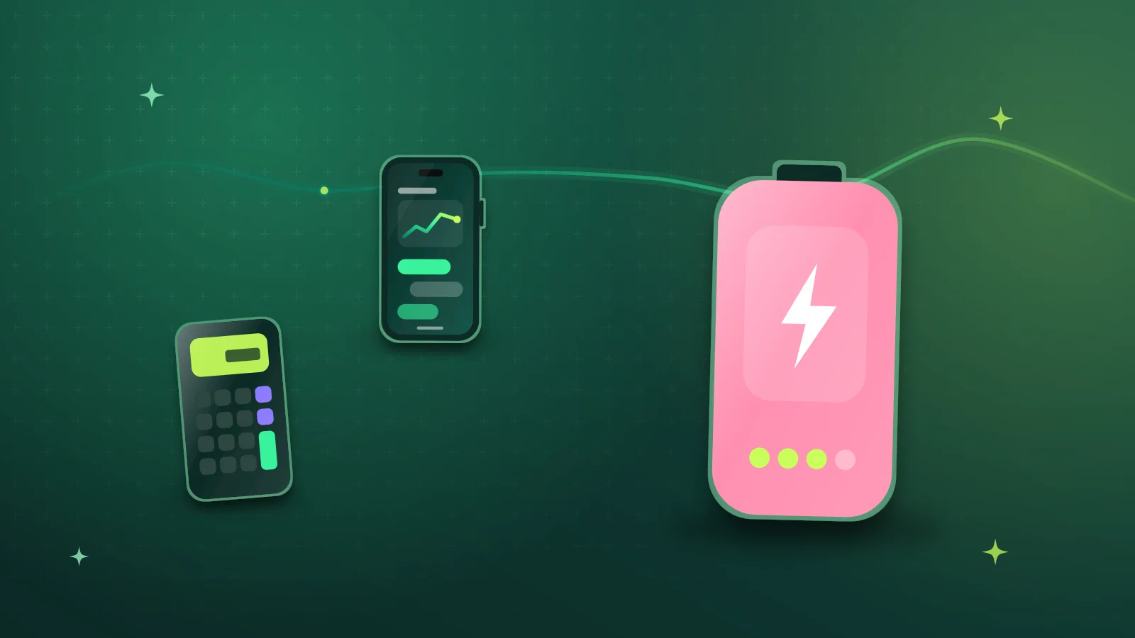 Illustration of a power bank with charge indicator lights beside a smartphone and a calculator