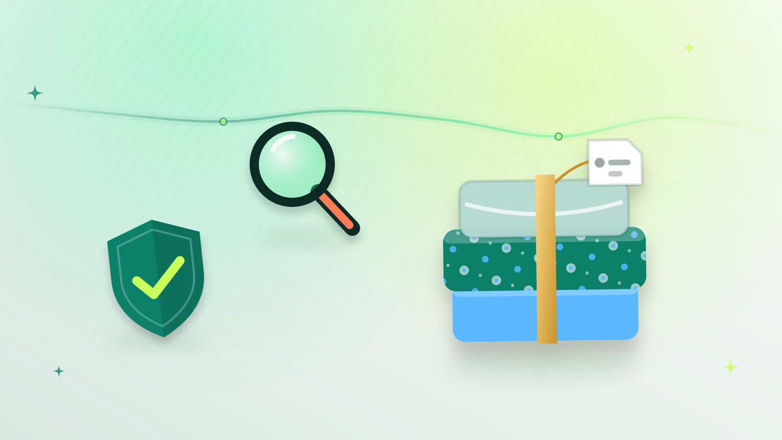 Illustration of a folded designer lawn suit examined with a magnifying glass beside an authenticity shield
