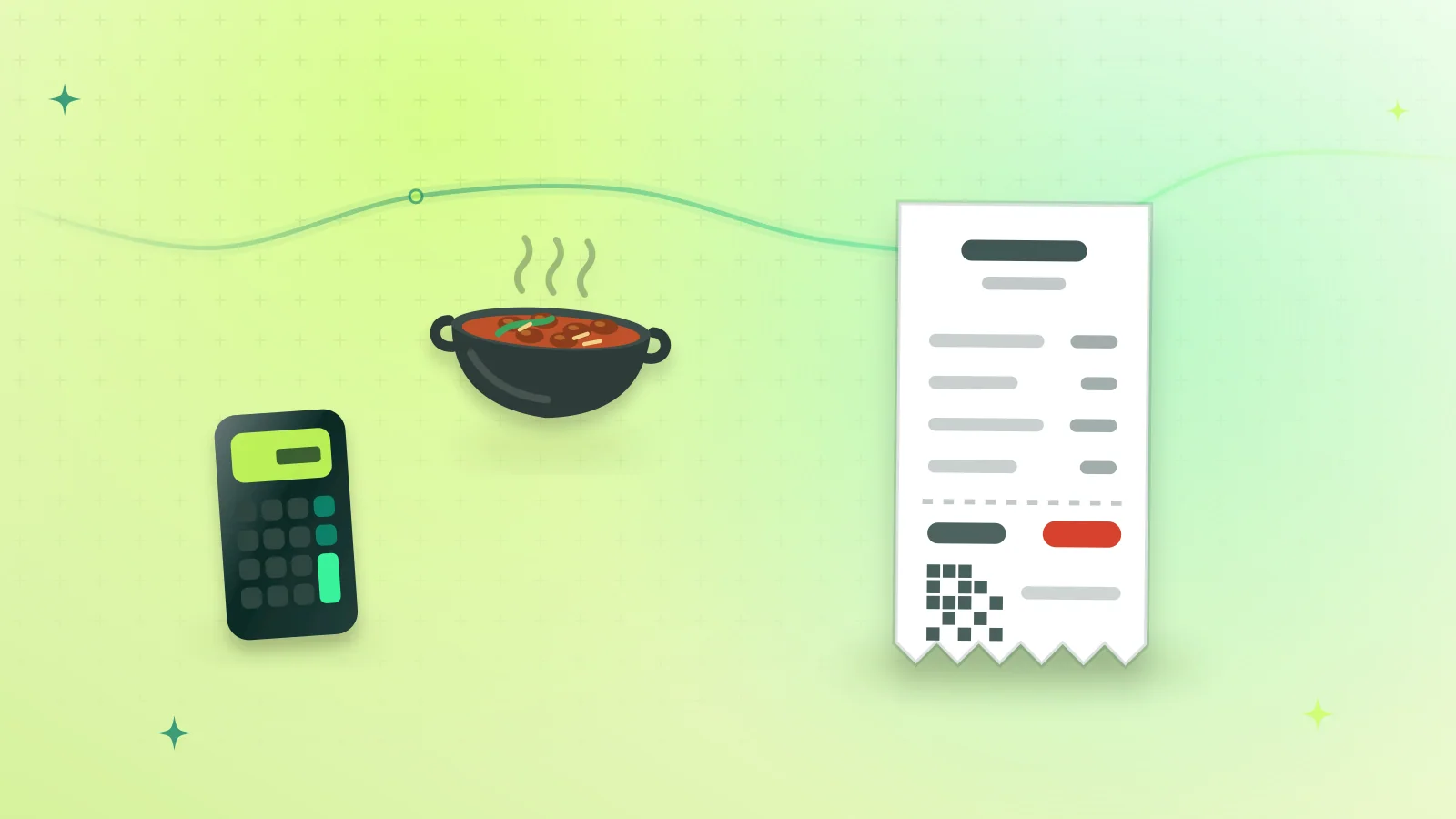 Illustration of a restaurant bill next to a karahi and a calculator, checking the tax and total