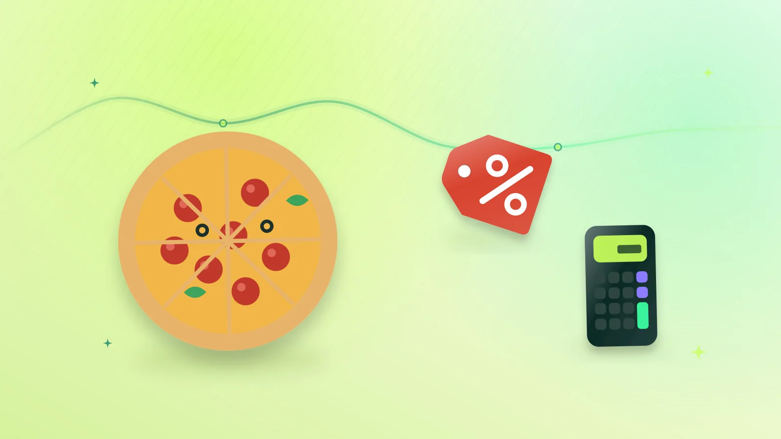 Illustration of a pizza, a percent discount tag and a calculator for checking a restaurant deal