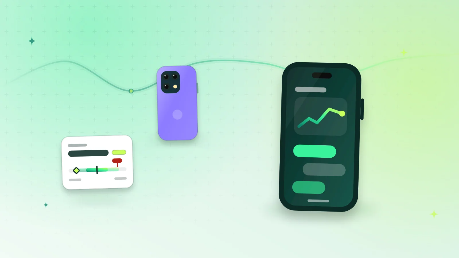 Illustration of the front and back of Galaxy-style smartphones next to a verified price range card