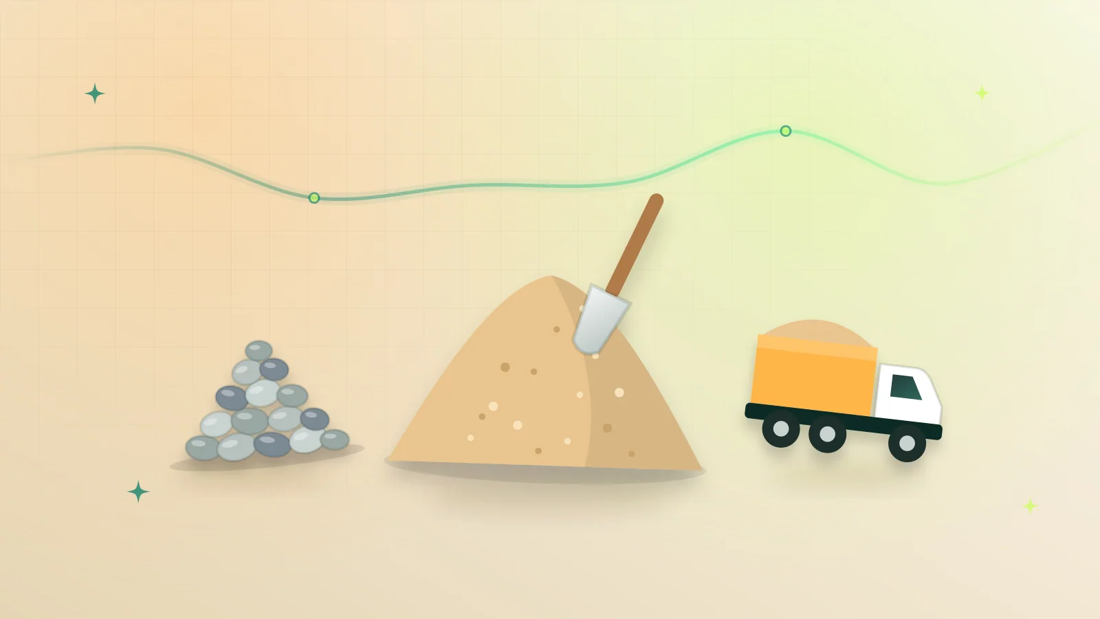 Illustration of a pile of sand, a pile of crushed stone and a delivery truck