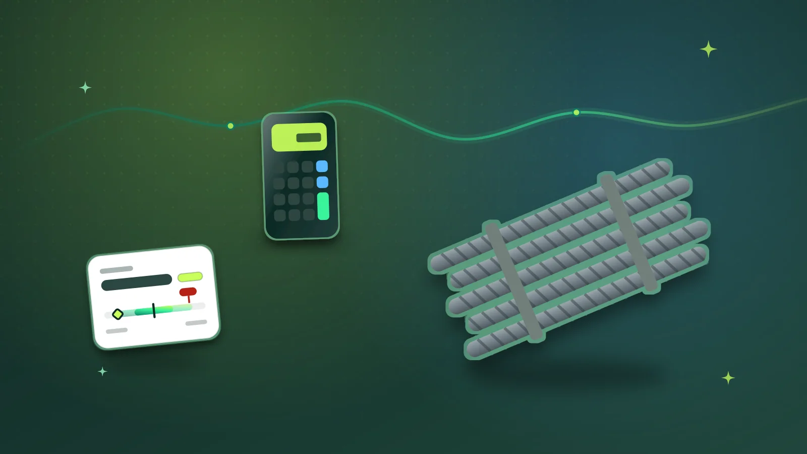 Illustration of a bundle of steel reinforcement bars beside a calculator and a price range card
