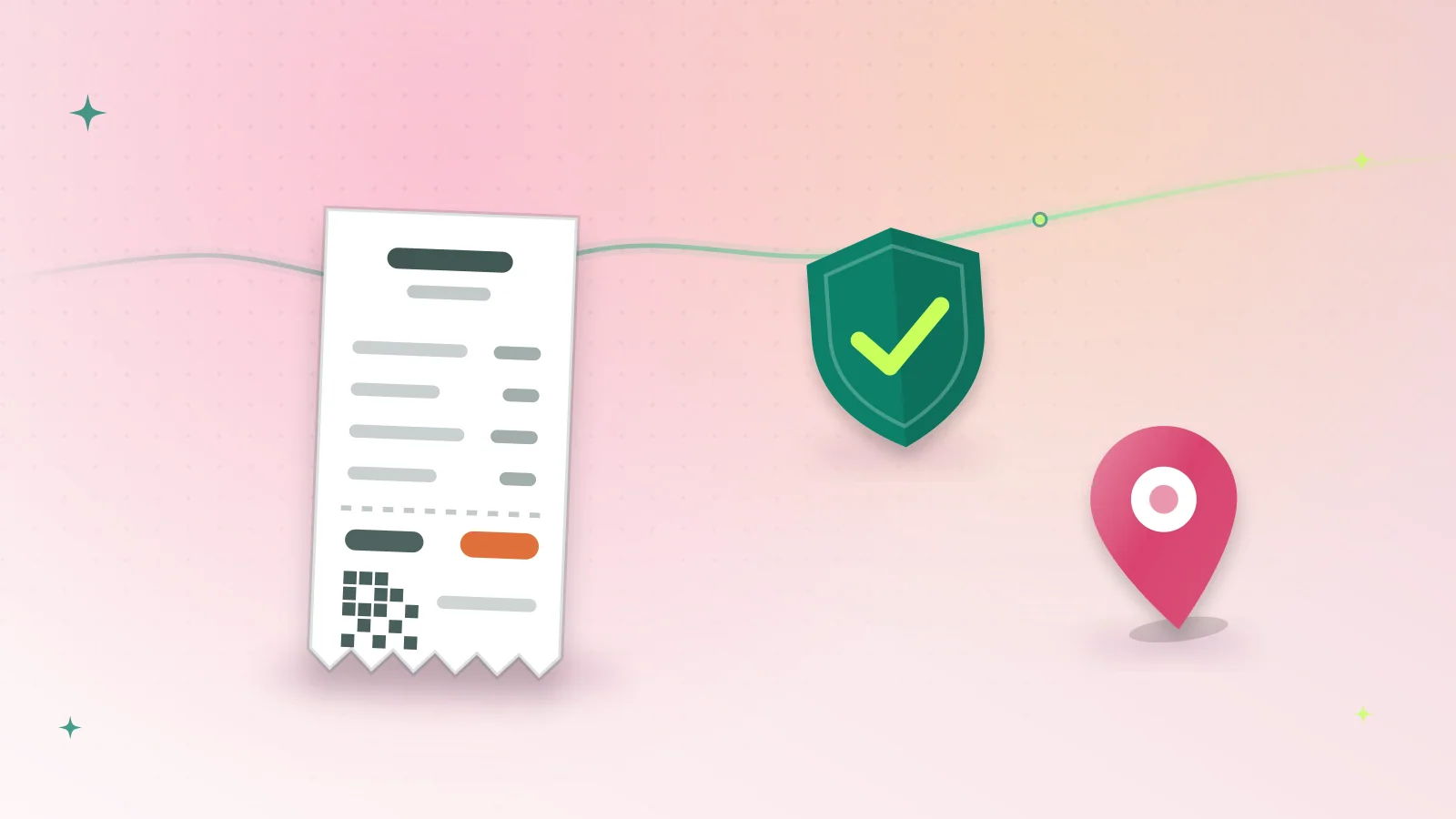 Illustration of a receipt protected by a shield next to a map pin, representing anonymous price sharing by city