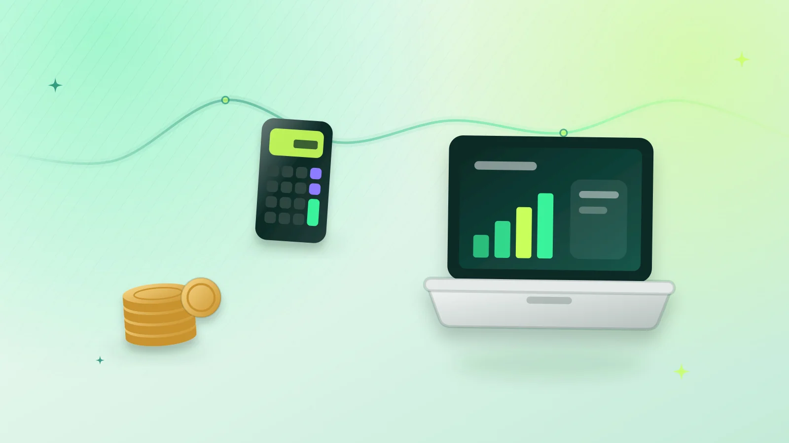 Illustration of a laptop with a calculator and coins, representing a student laptop budget