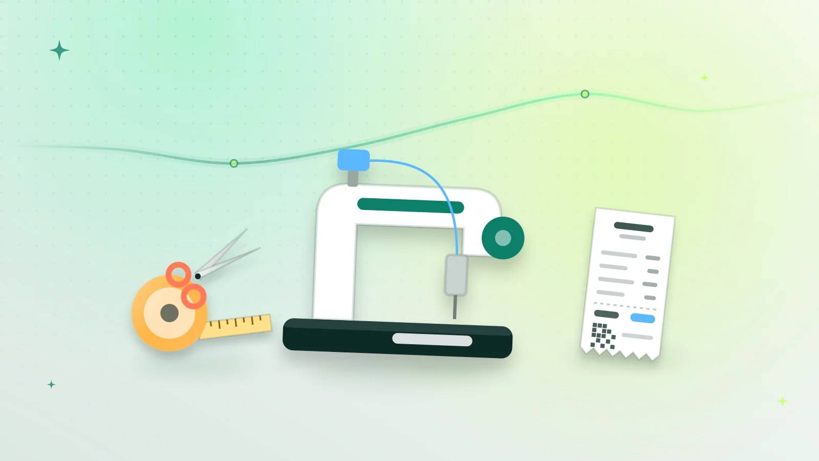 Illustration of a sewing machine, a measuring tape with scissors and a tailor’s receipt