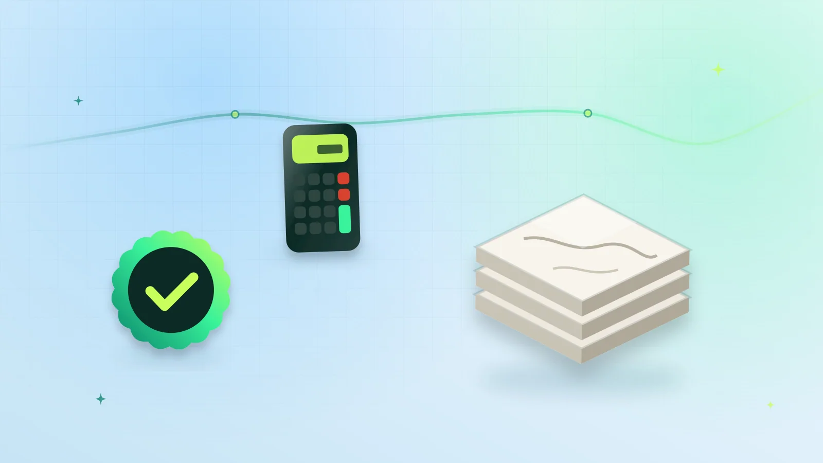 Illustration of floor tiles laid in a grid beside a calculator and a quality check badge