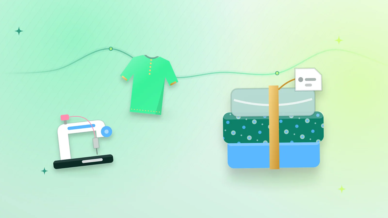 Illustration of an unstitched suit set, a stitched kurta and a sewing machine