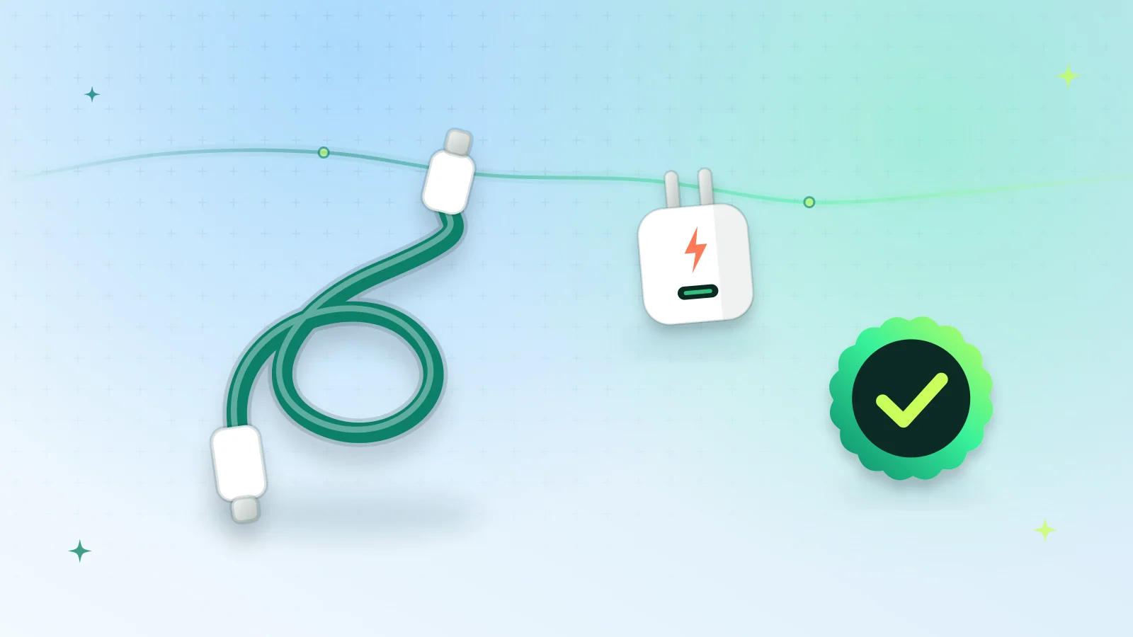 Illustration of a coiled USB-C charging cable with a wall charger and a verified check badge