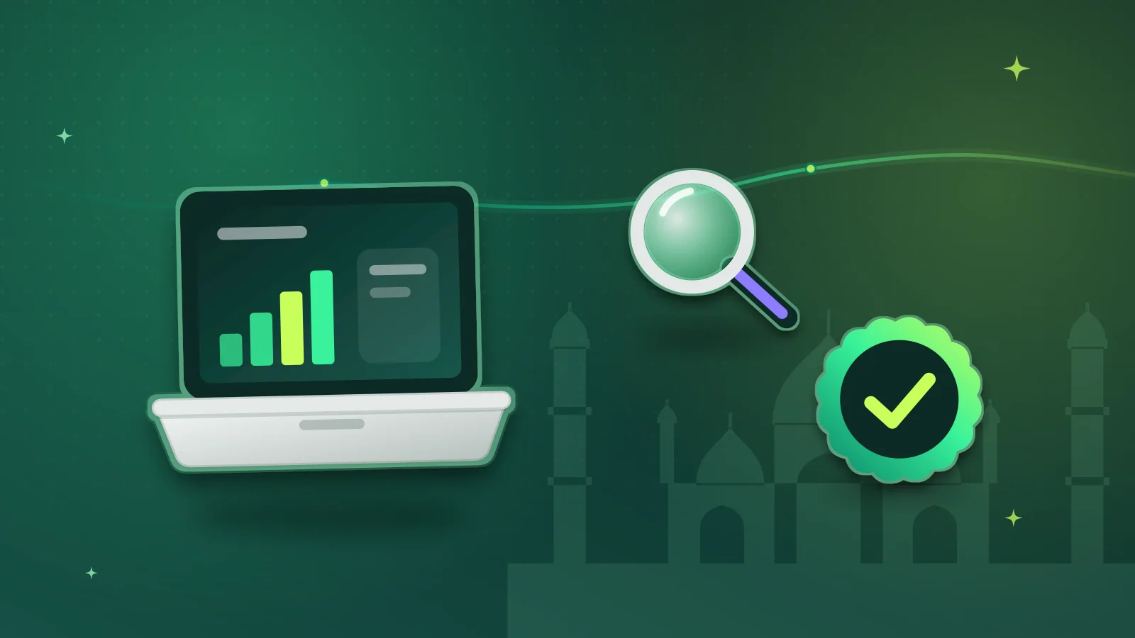 Illustration of a laptop under a magnifying glass with a verified badge in front of the Badshahi Mosque, Lahore