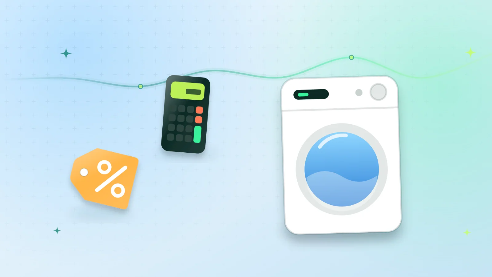 Illustration of a front-loading washing machine with a calculator and a discount tag