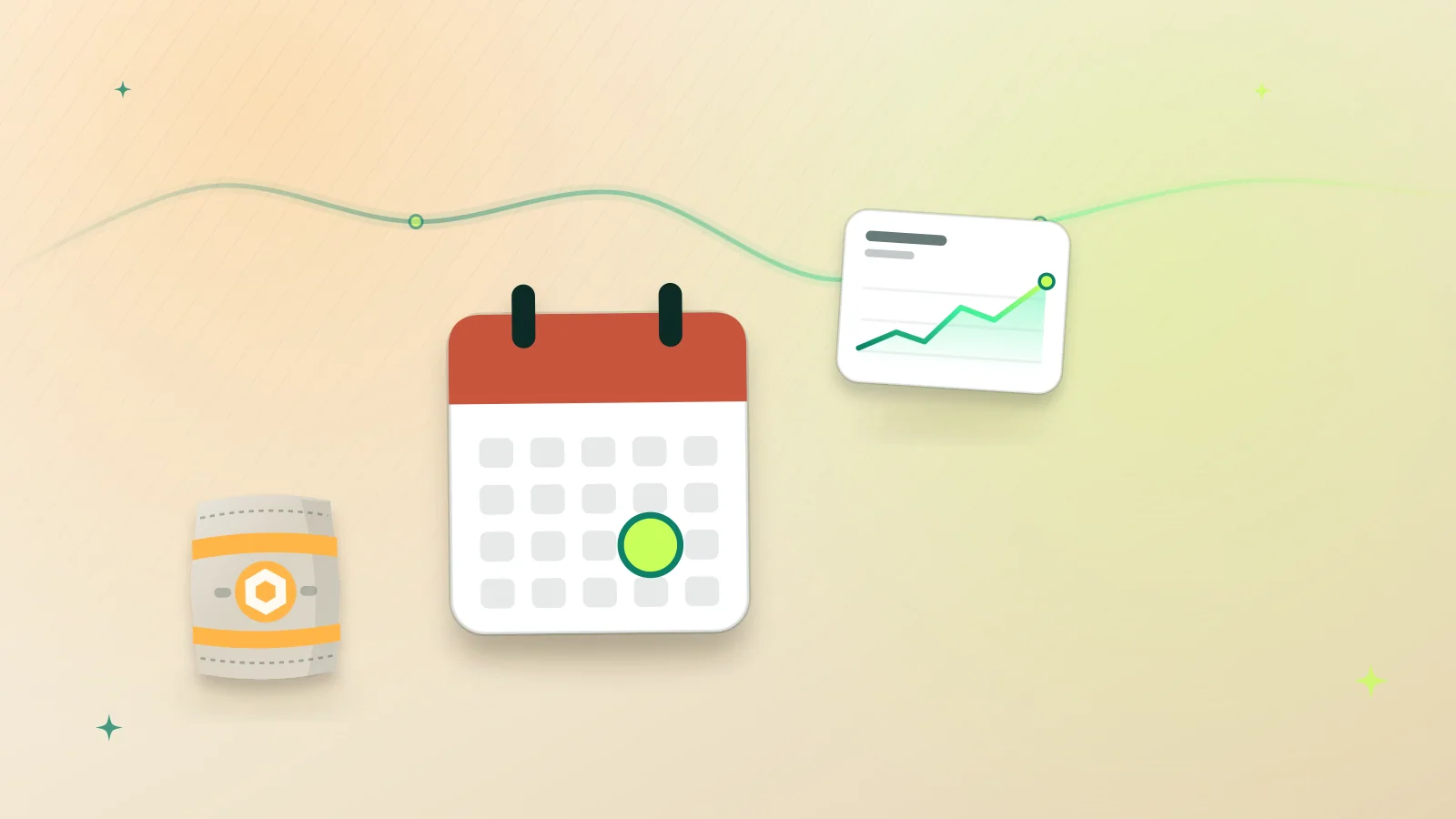 Illustration of a calendar, a cement bag and a price chart for timing construction purchases