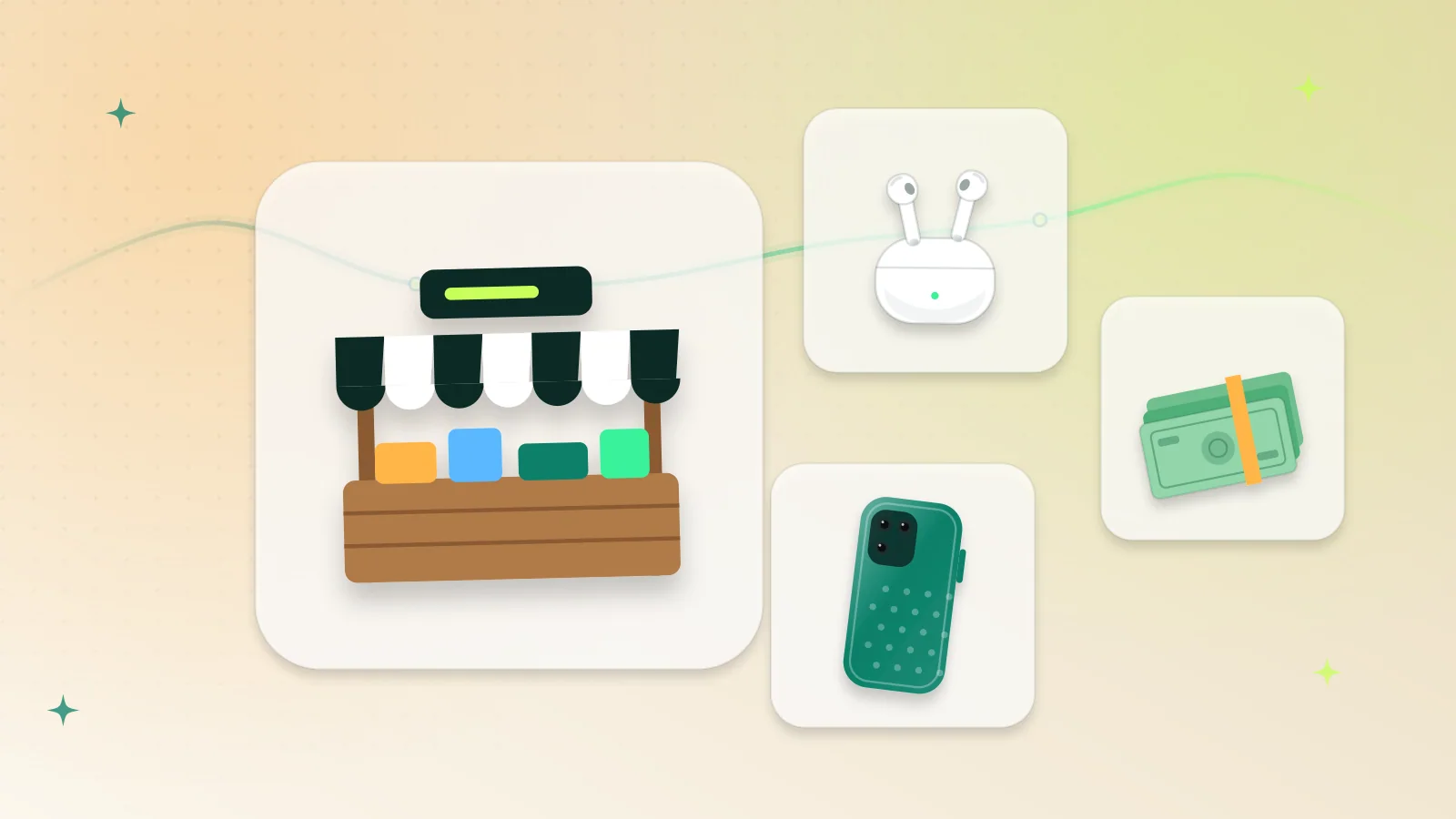 Illustration of a market stall with boxes, wireless earbuds, a phone case and banknotes, representing wholesale buying